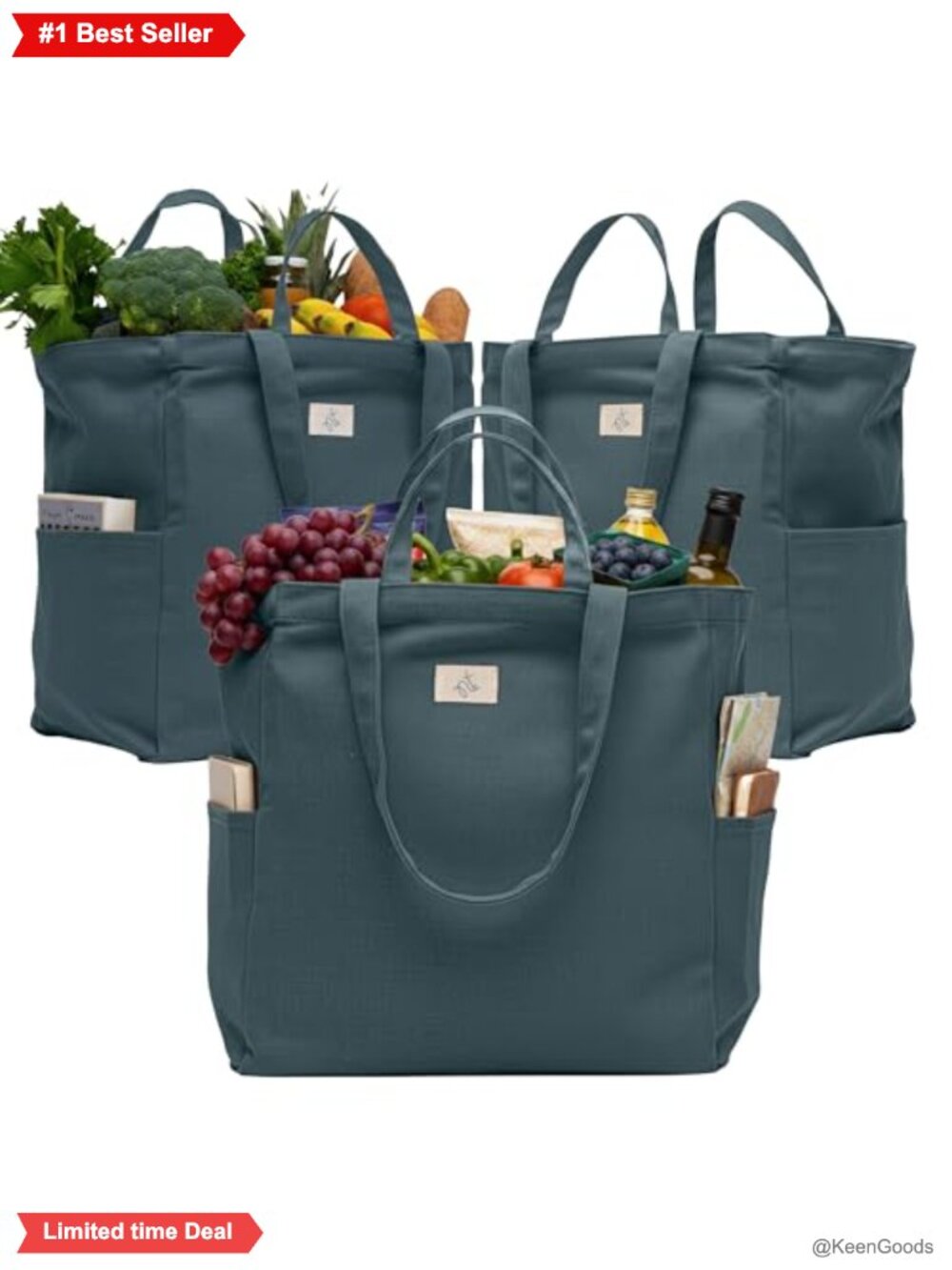 Set of 3 Heavy Duty Reusable Grocery Bags, 12 Oz Cotton Canvas, 7 Compartments,